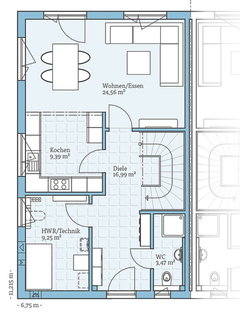 Grundriss eines Hauses mit Wohn-/Essbereich, Küche, Diele, HWR und WC.
