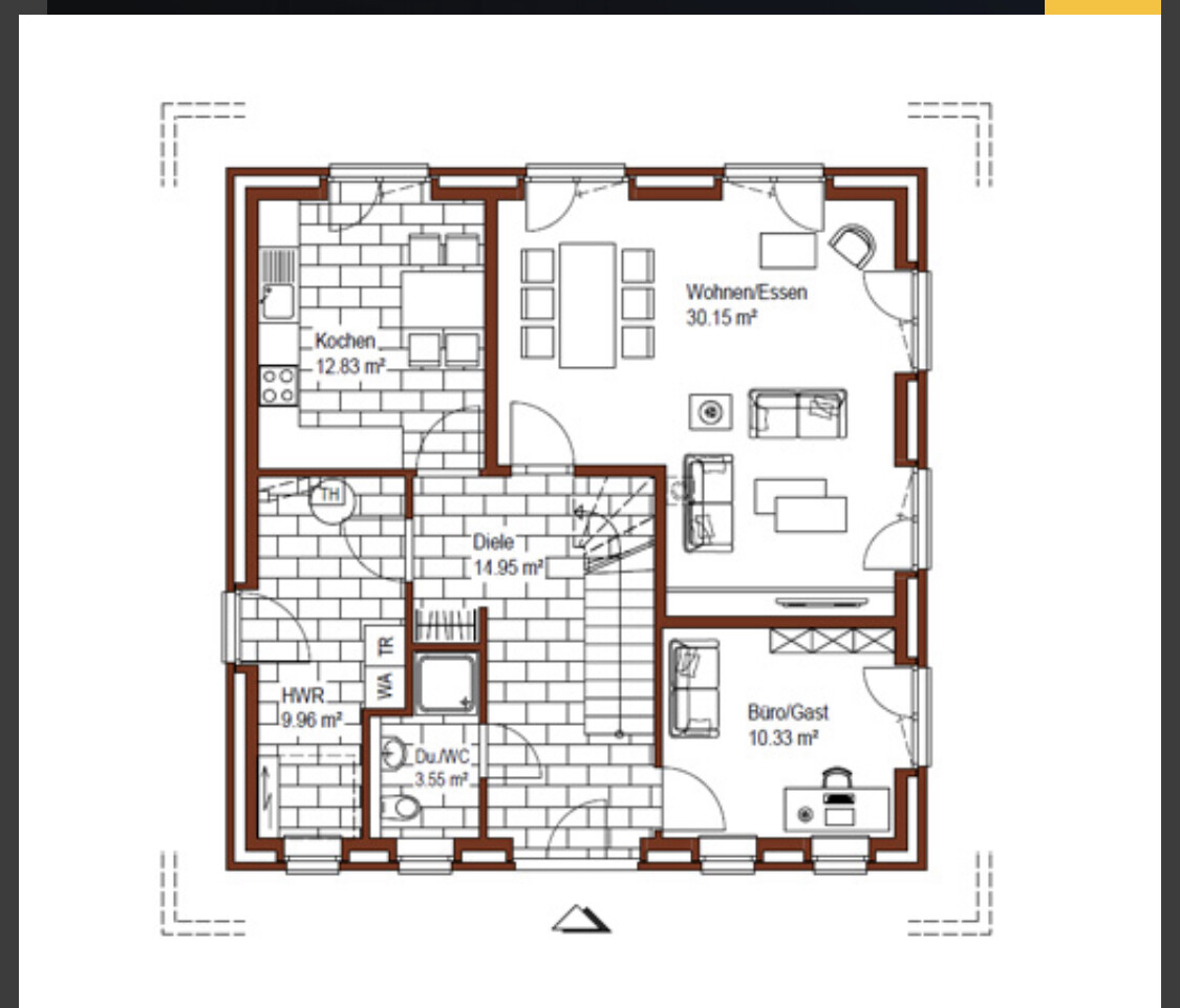 Grundriss eines Hauses: Küche, Diele, Wohnen/Essen, Büro/Gast, HWR und Du/WC.