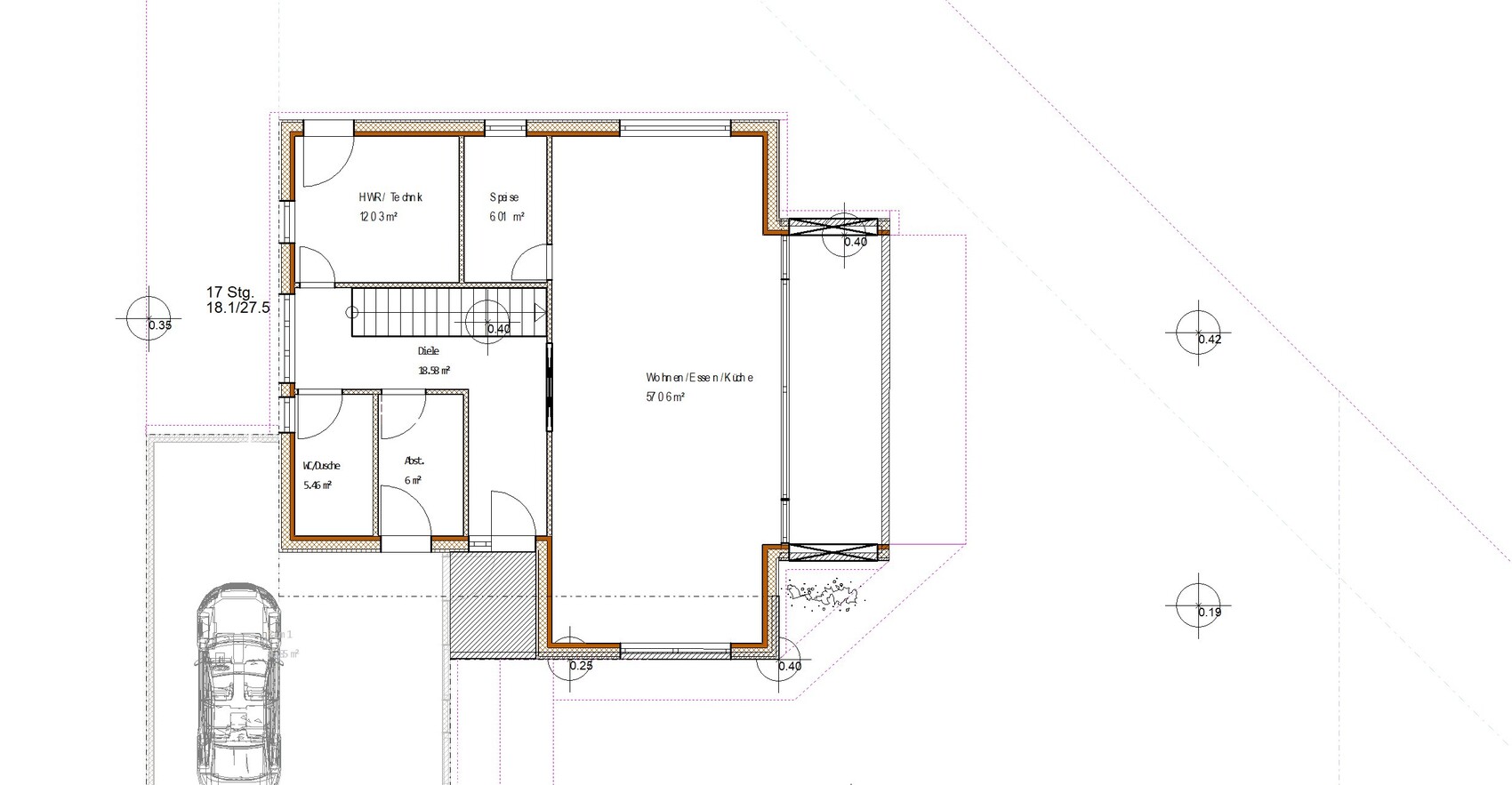 Grundriss eines Hauses: Offener Wohn-/Ess-/Küchenbereich, Diele, HWR, Speise, Abstellraum, WC.