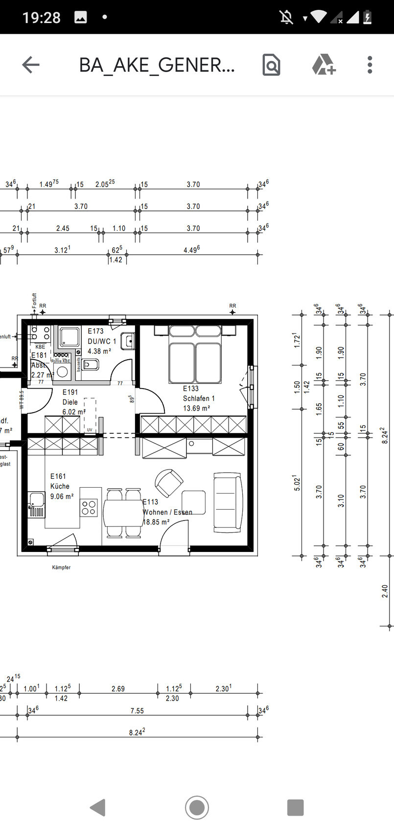 Grundriss eines Apartments mit Küche, Wohnen/Essen, Schlafen, Diele und Bad.