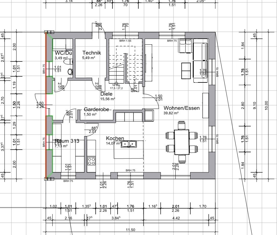 Grundriss eines Hauses: Wohnen/Essen, Küche, Diele, Technik, WC/Du, Garderobe, Raum.