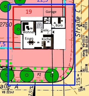 Grundriss eines Hauses mit Wohnbereich, Essen, Küche, Diele und Garage auf Grundstück.