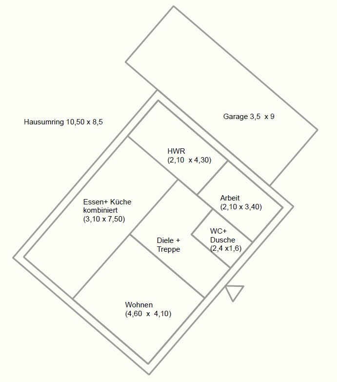 2D-Grundrissplan eines Hauses mit Wohnen, Essen, Kuche, Diele, HWR und Garage
