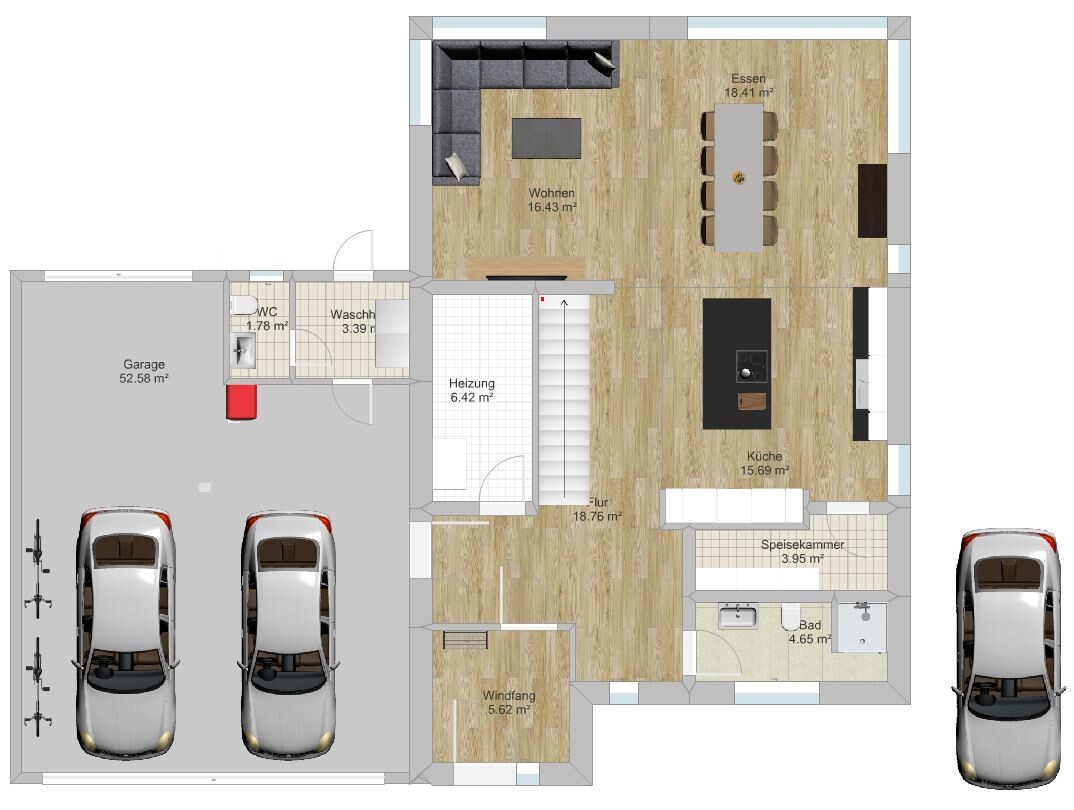 Grundrissplan eines Hauses mit Garage, Wohnzimmer, Essecke, Küche und Bad.