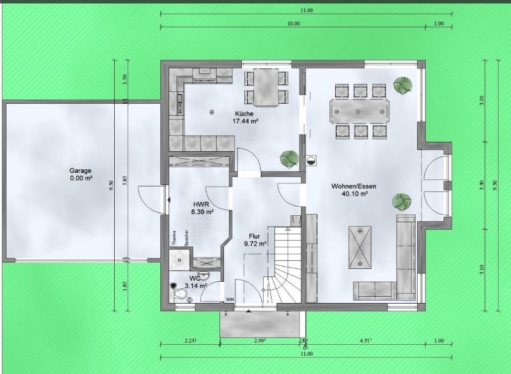 Grundriss eines Einfamilienhauses mit Küche, Wohnzimmer und Garage im Erdgeschoss
