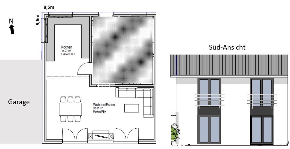 Grundriss eines Hauses: Erdgeschoss mit Küche, Wohn-/Essbereich und Garage; Südansicht.