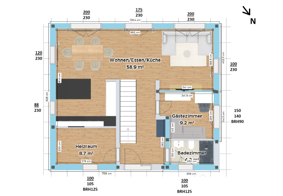 Grundriss eines Hauses: Wohnen/Essen/Küche 58.9 m², Gästezimmer 9.2 m², Badezimmer, Heizraum.