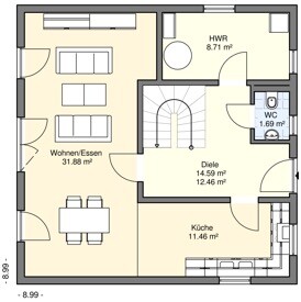 Grundriss eines Einfamilienhauses mit Wohnbereich, Küche, Diele, HWR und WC