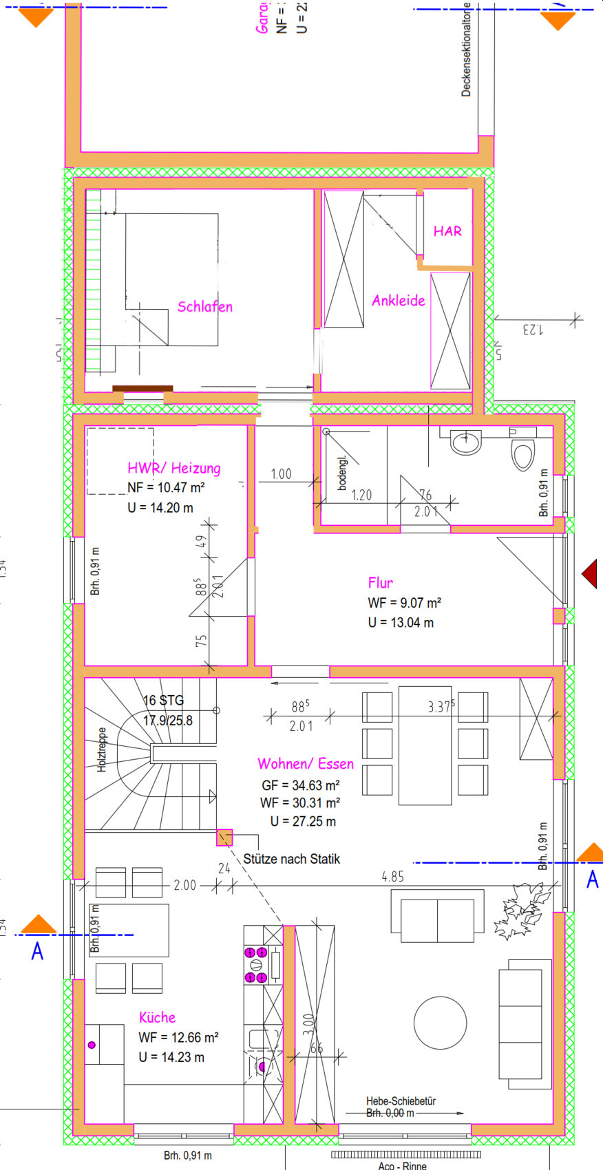 Grundrissplan eines Hauses mit Schlafzimmer, Küche, Wohnzimmer, Bad und HWR/Heizung