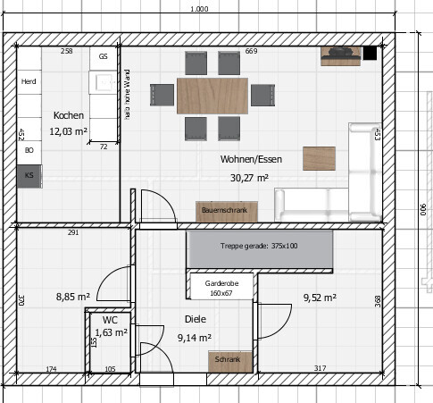 2D-Grundriss eines Hauses mit Küche, Essbereich und Wohnzimmer