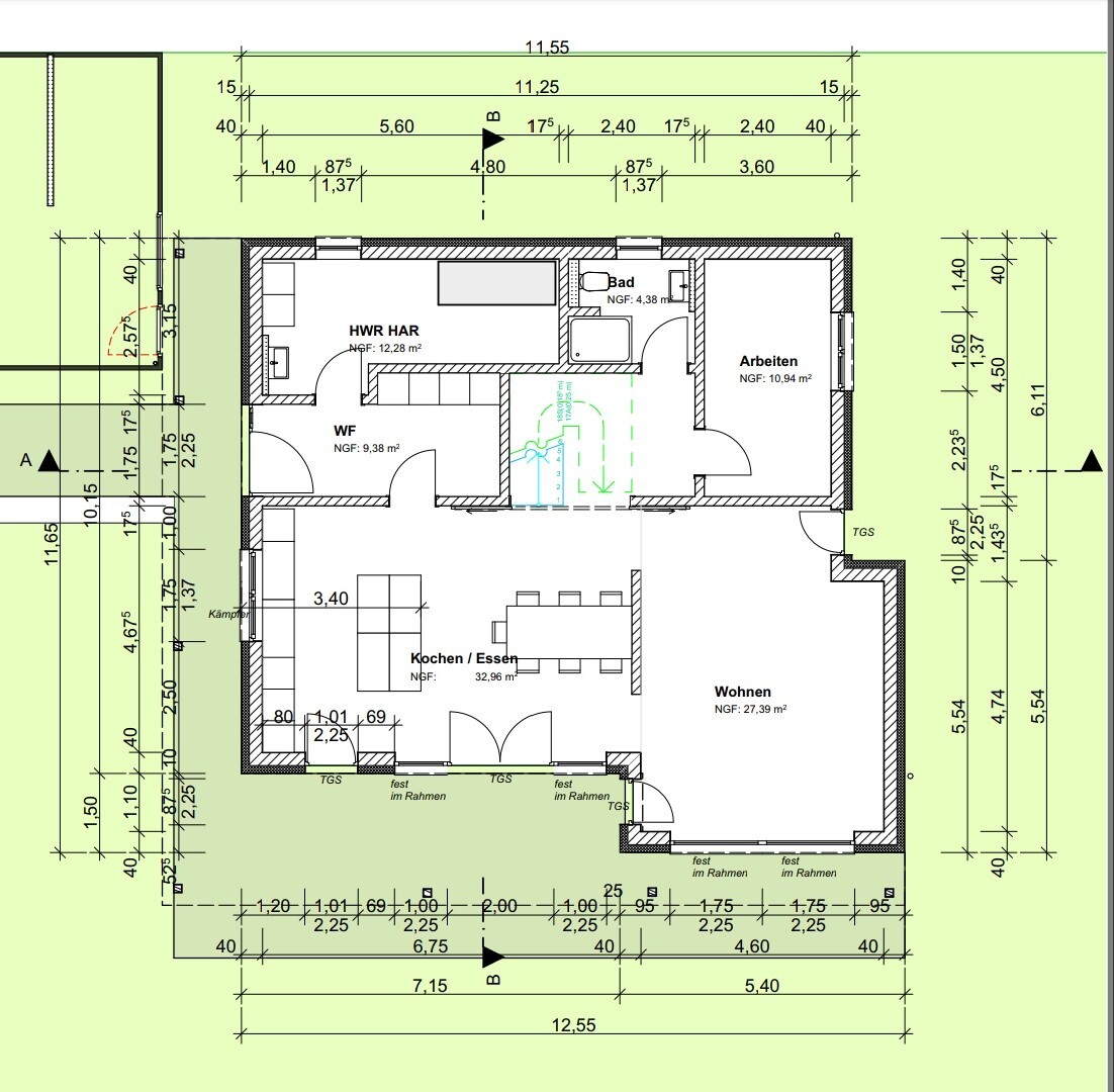 Grundriss eines Hauses mit Küche/Essen, Wohnen, Arbeiten, Bad und HWR/HAR, inkl. Maßen.