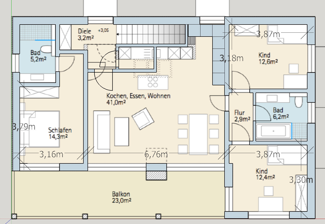 Grundriss einer Wohnung: Offenes Kochen/Essen/Wohnen, Elternzimmer, zwei Kinderzimmer, Bad, Balkon