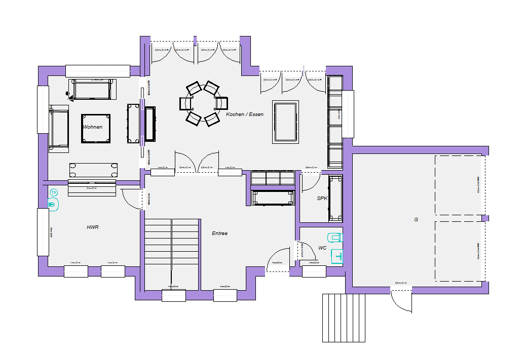 Grundriss eines Hauses: Wohnen, Kochen/Essen, Entrée, HWR, WC, SPK, Garage.