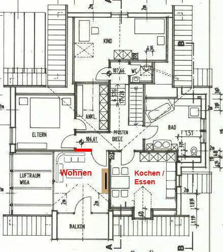 2D Grundriss eines Hauses mit Wohnbereich, Küche und Essbereich