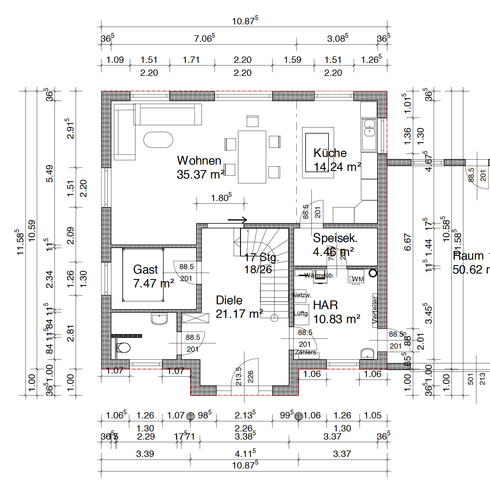 Grundriss: Erdgeschoss mit Wohnzimmer 35 m², Küche 14 m², Diele 21 m², Gast 7,5 m².