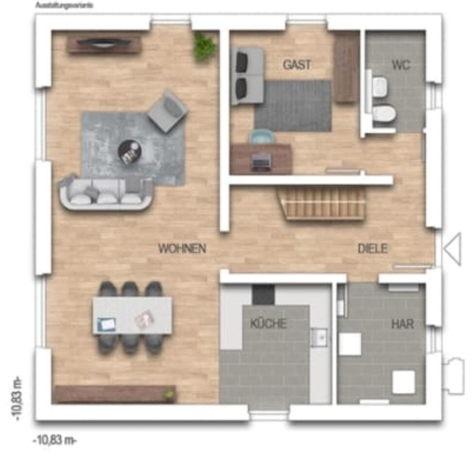 Grundriss eines Apartments: Wohnen, Küche, Diele, Gastzimmer, WC, HAR.