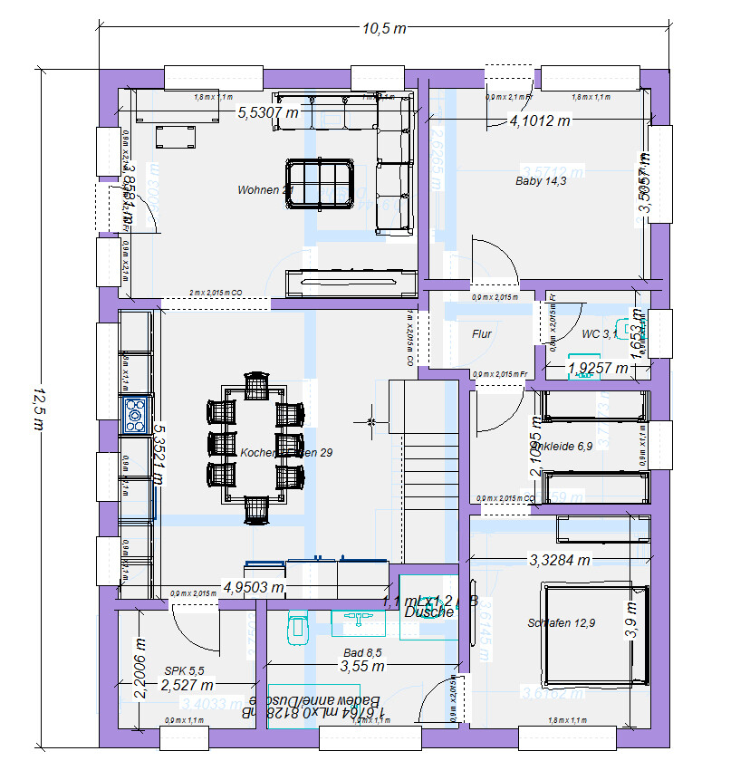 Grundriss eines Hauses: Wohnzimmer, Küche mit Esstisch, Flur, Bad, Dusche, Schlafzimmer, Babyzimmer