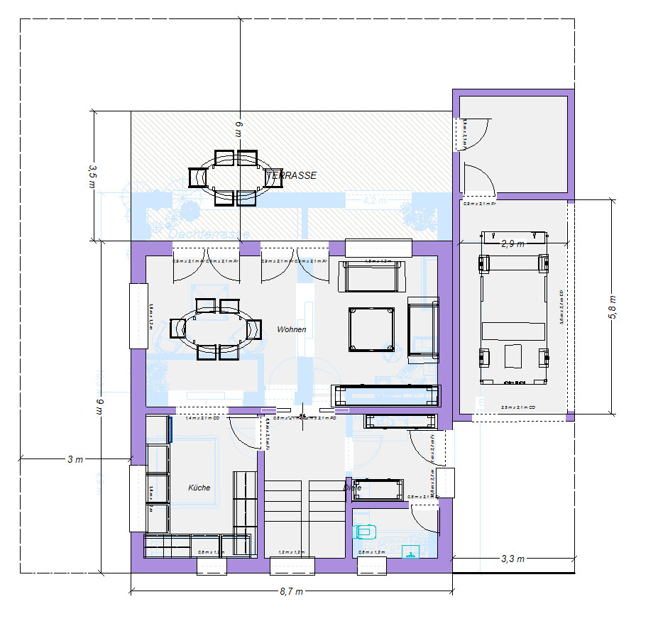 Grundriss eines Hauses mit Küche, Wohnzimmer, Essbereich, Terrasse, Treppe und Garage.