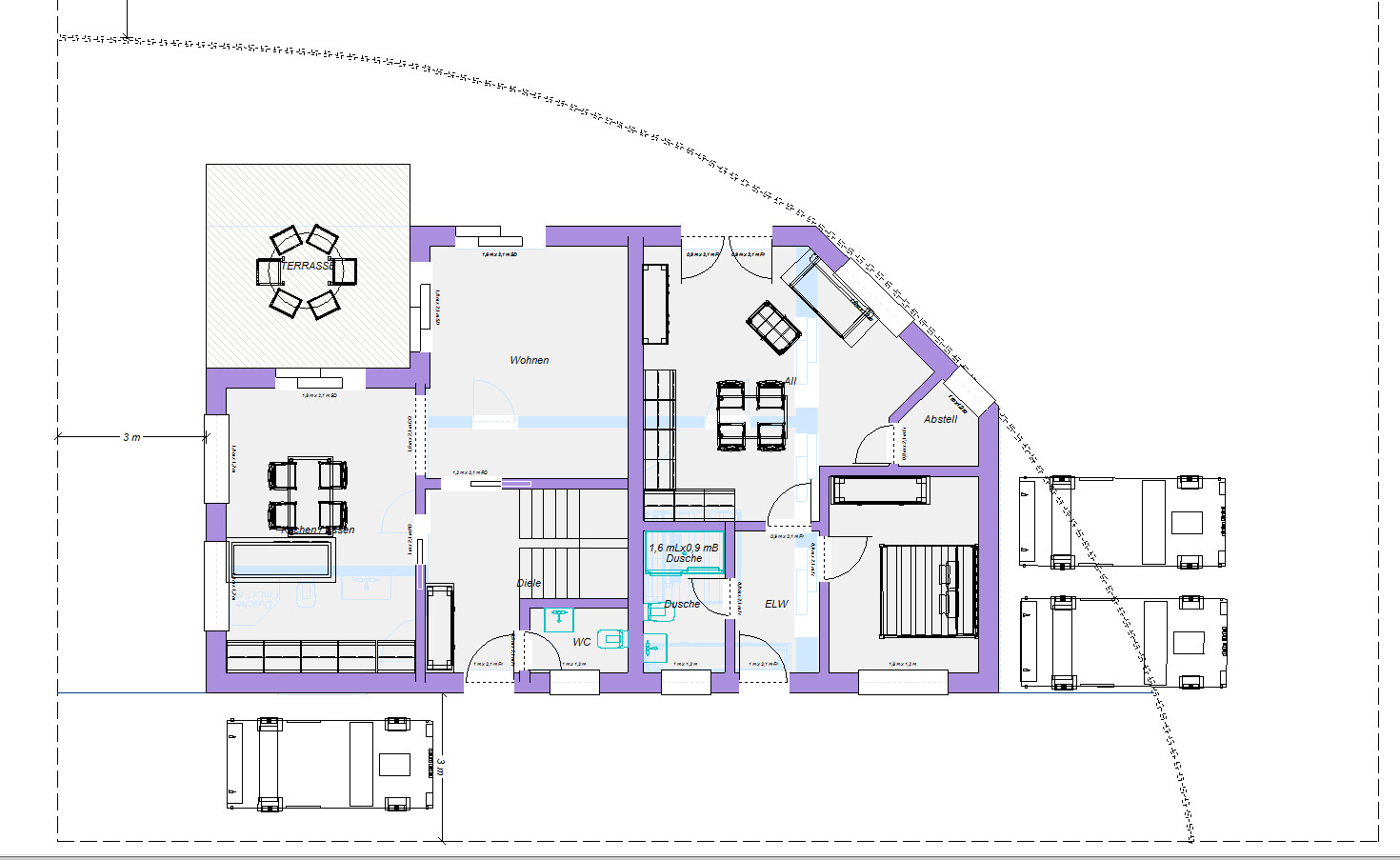 Grundriss eines Hauses mit Terrasse, Wohnen, Küche, Flur, Bad, WC und Abstellraum.