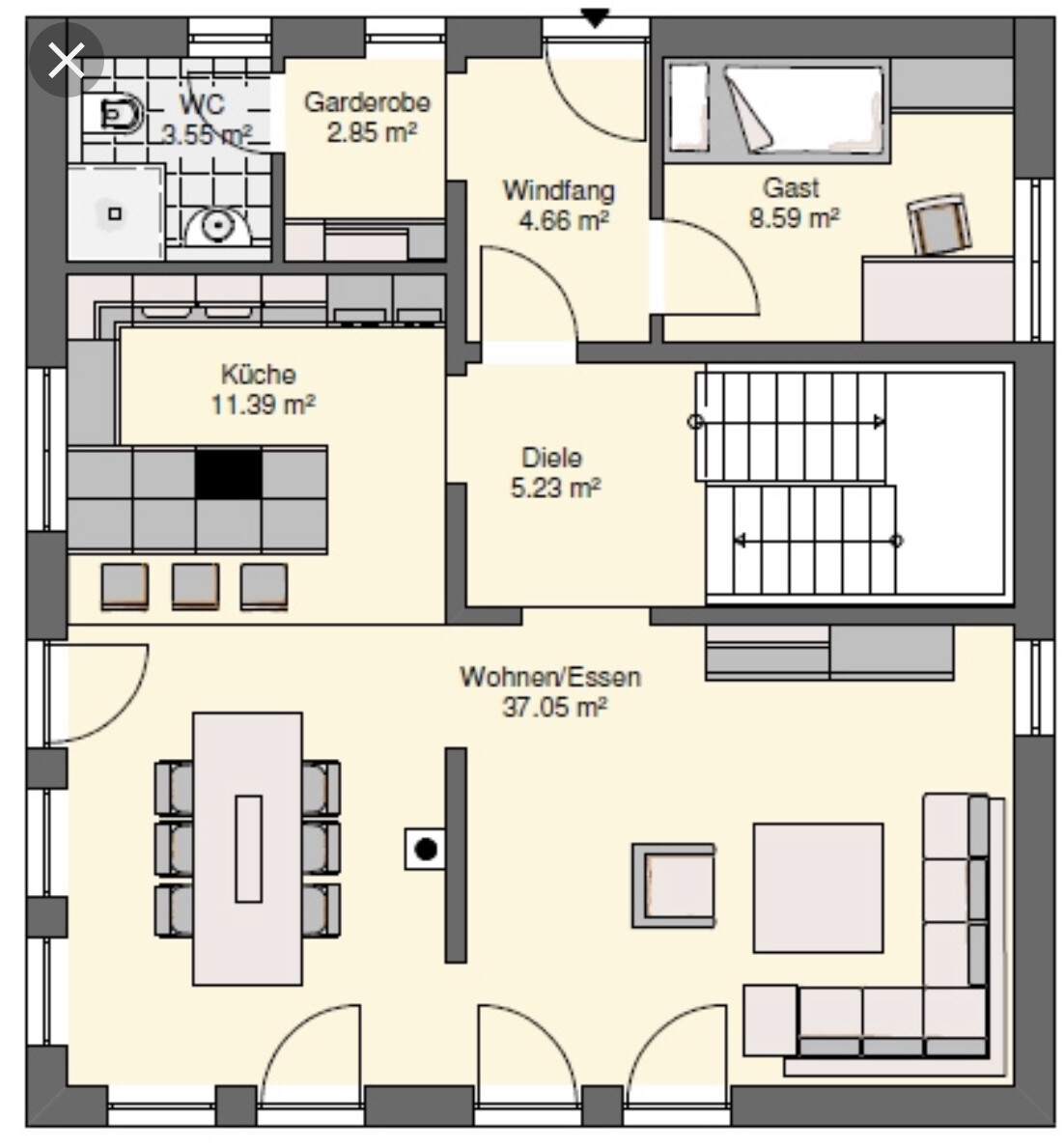 Grundriss eines Apartments: Küche, Wohnen/Essen, Diele, Gastzimmer, Windfang, Garderobe, WC.