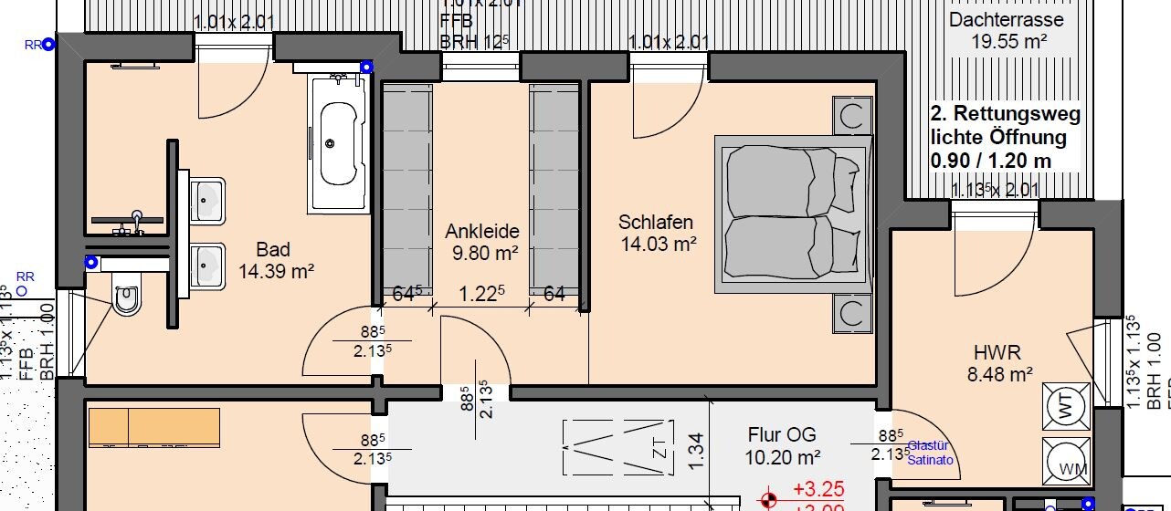 Grundriss eines Obergeschosses mit Bad, Ankleide, Schlafen (Schlafzimmer), Flur und HWR.