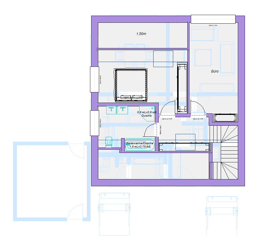 Grundrissplan eines Hauses mit Badezimmer, Büro und Treppen