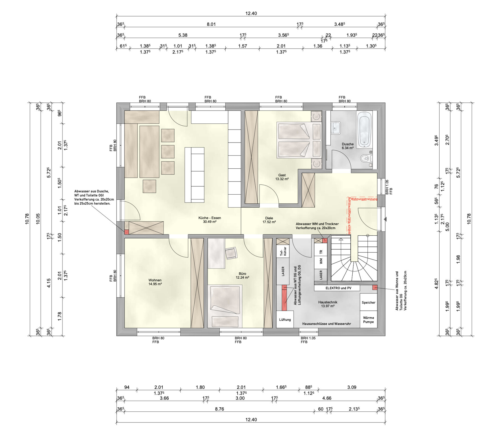 Detaillierter Grundriss eines Wohnhauses mit Küche, Wohnzimmer, Bad und Schlafzimmer