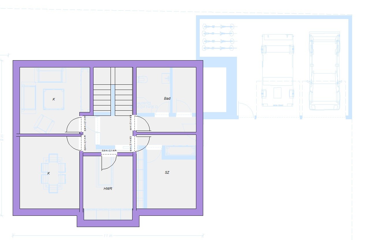 2D-Hausgrundriss mit Küche, Bad, Schlafzimmer, Flur und Garage