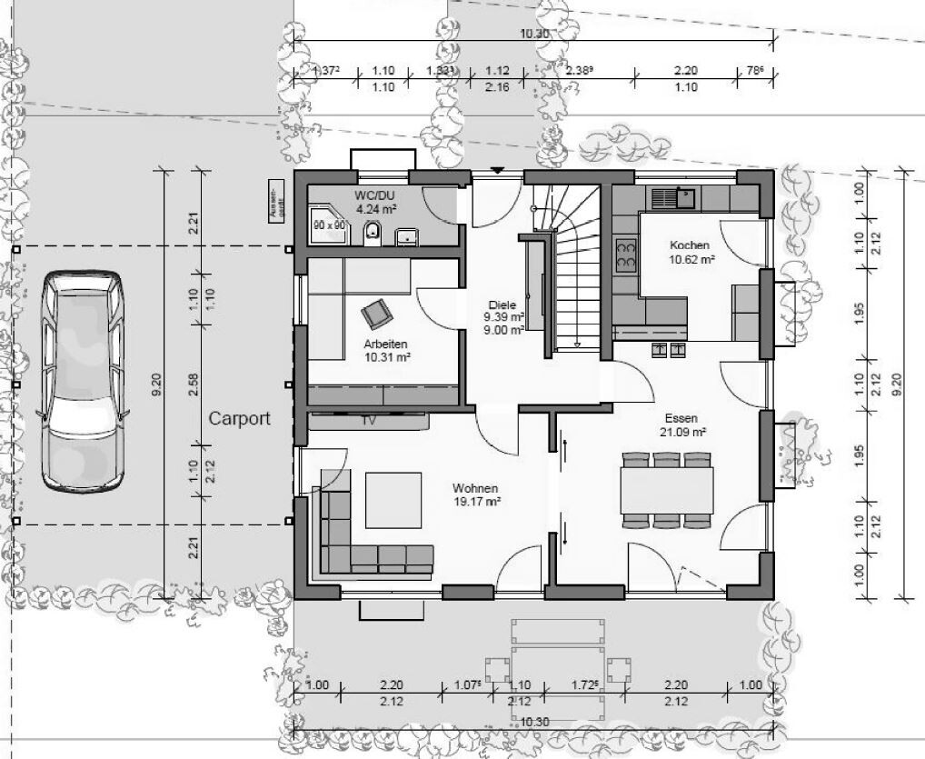 2D-Grundriss eines Hauses mit Wohnzimmer, Küche, Essbereich und Carport