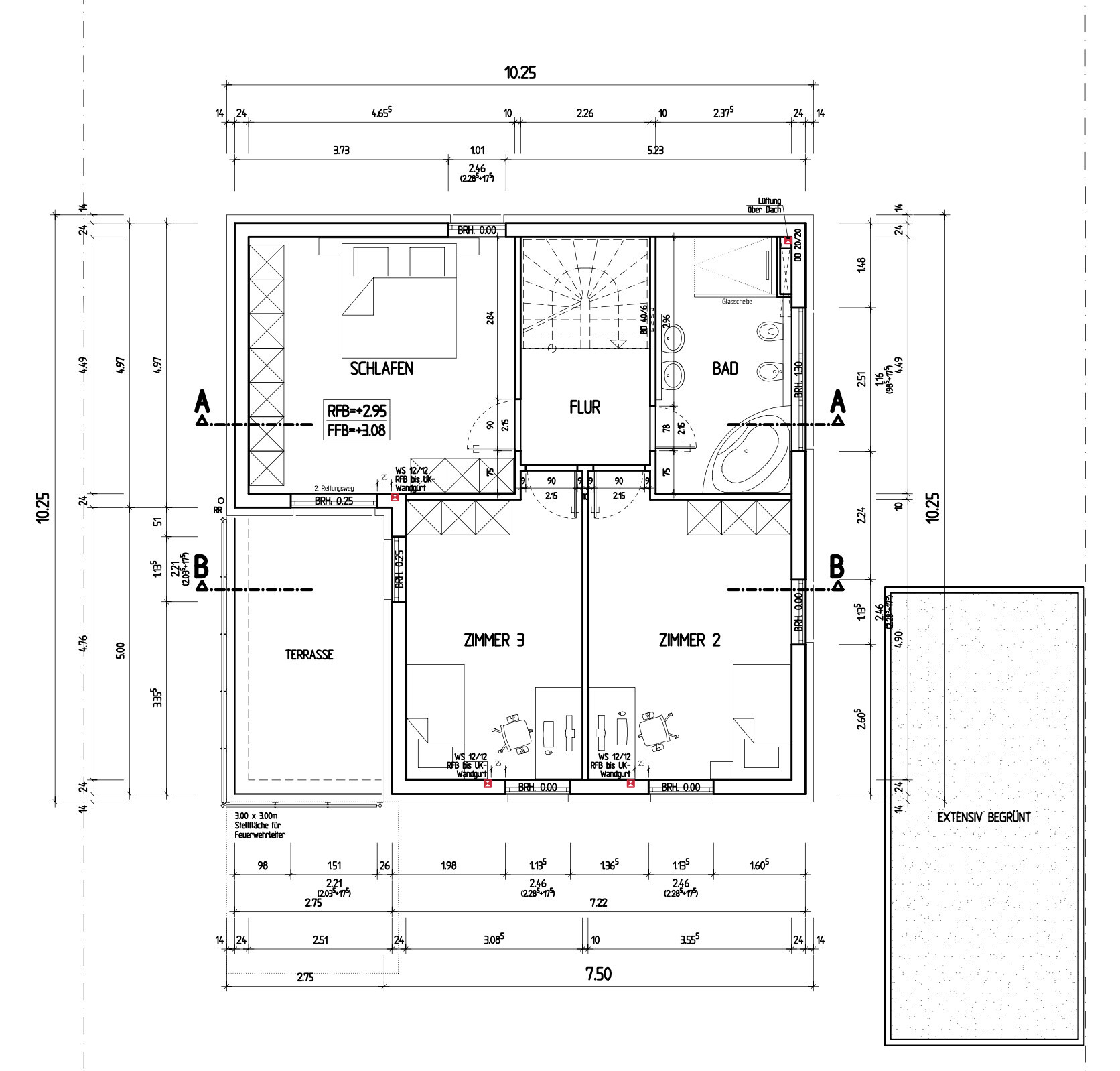 Grundriss eines Hauses: Schlafzimmer, Flur, Bad, Zimmer 2-3, Terrasse, mit Maßen.