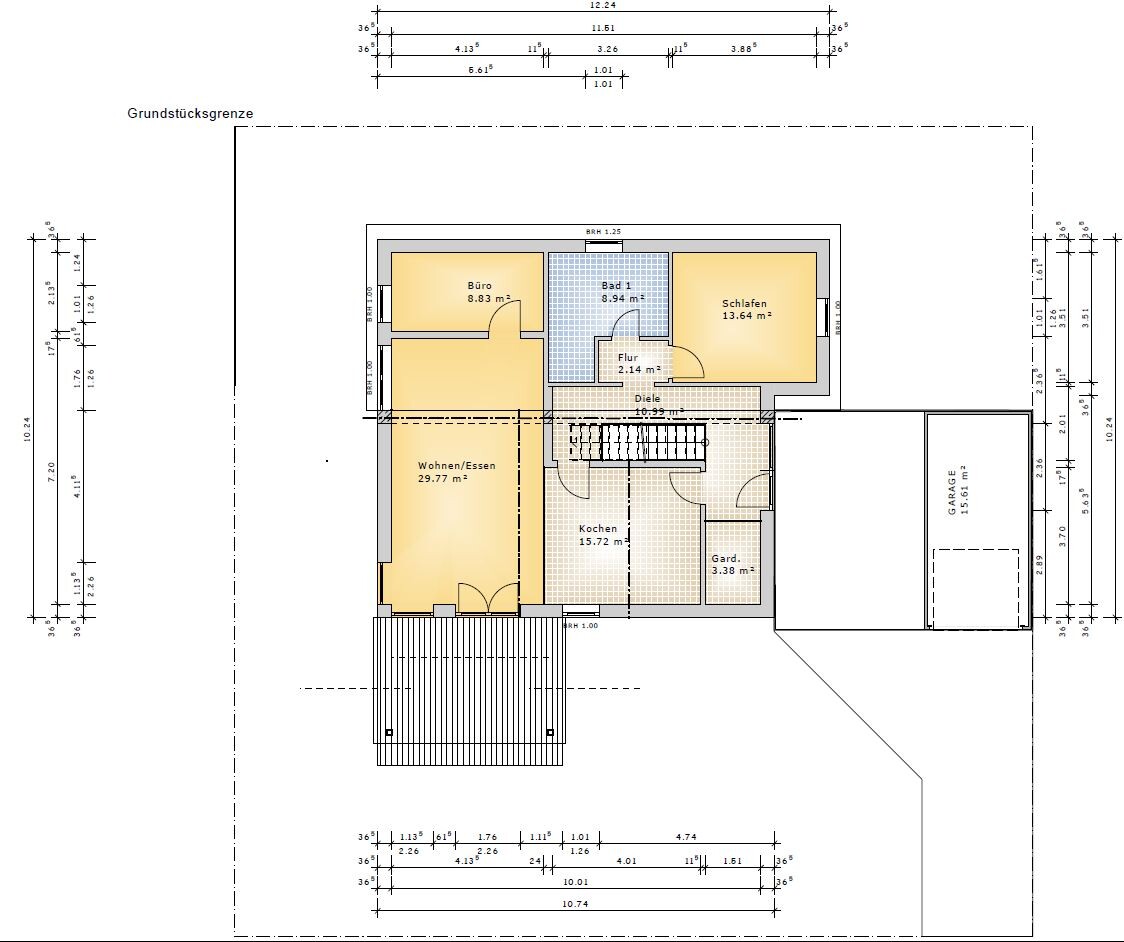 Grundriss eines Hauses: Wohnen/Essen, Küche, Büro, Schlafen, Bad, Diele, Flur, Garderobe, Garage