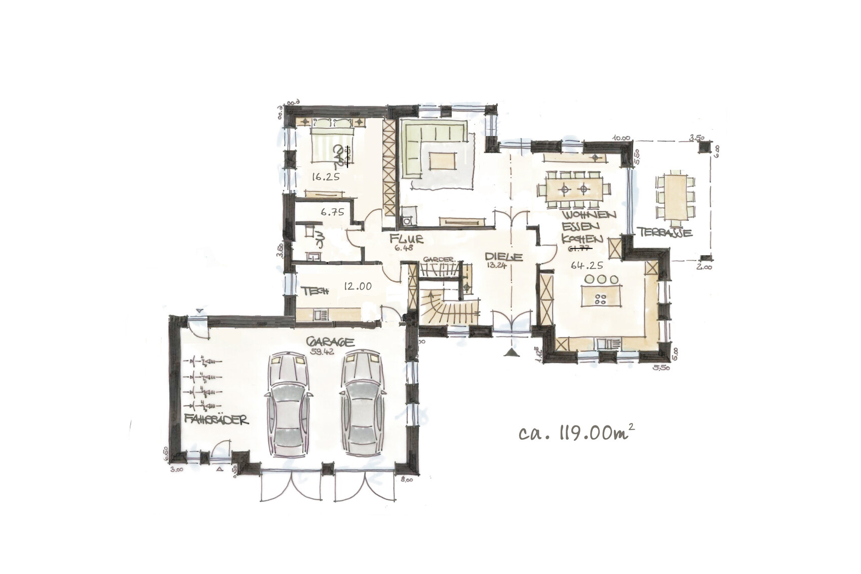 Handgezeichneter Grundriss eines Hauses mit Garage, Terrasse, Wohnzimmer, Küche und Flur.