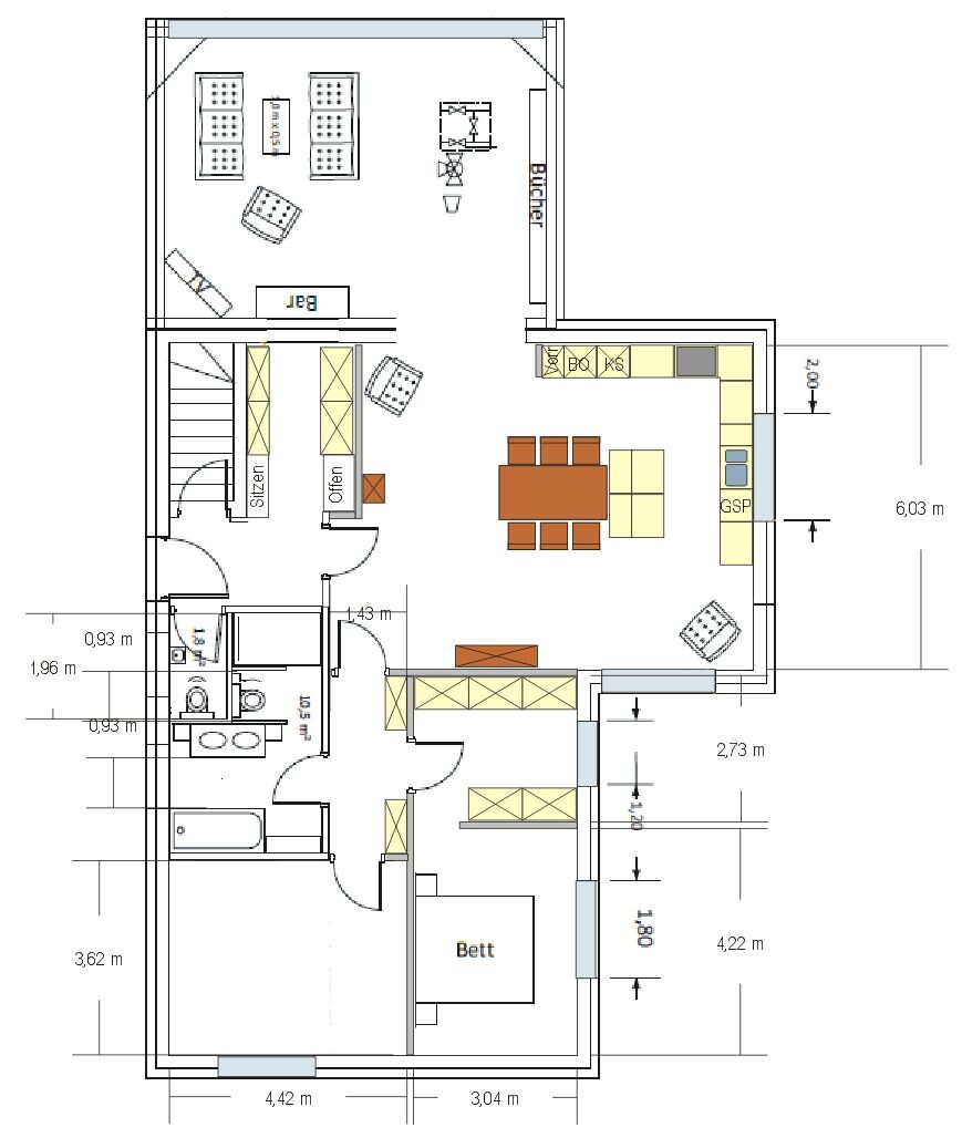 Grundrissplan eines Wohn- und Küchenbereichs mit Schlafzimmer und Bad