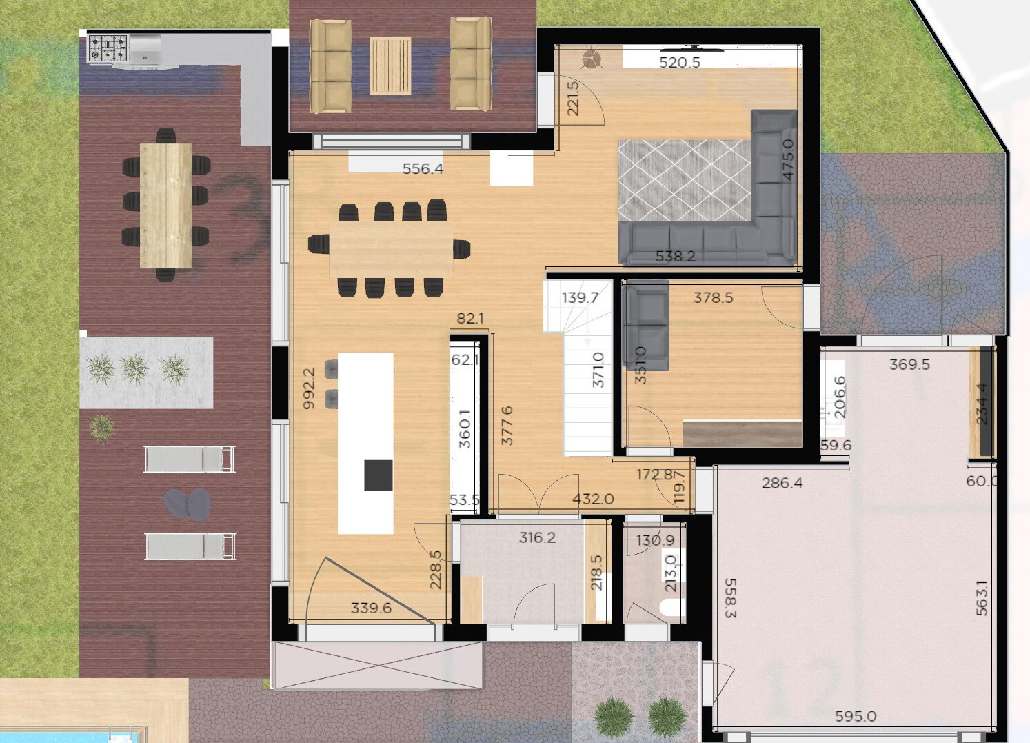 Grundriss eines Hauses mit offener Küche, Insel, großem Essbereich, Wohnzimmer und Terrasse.