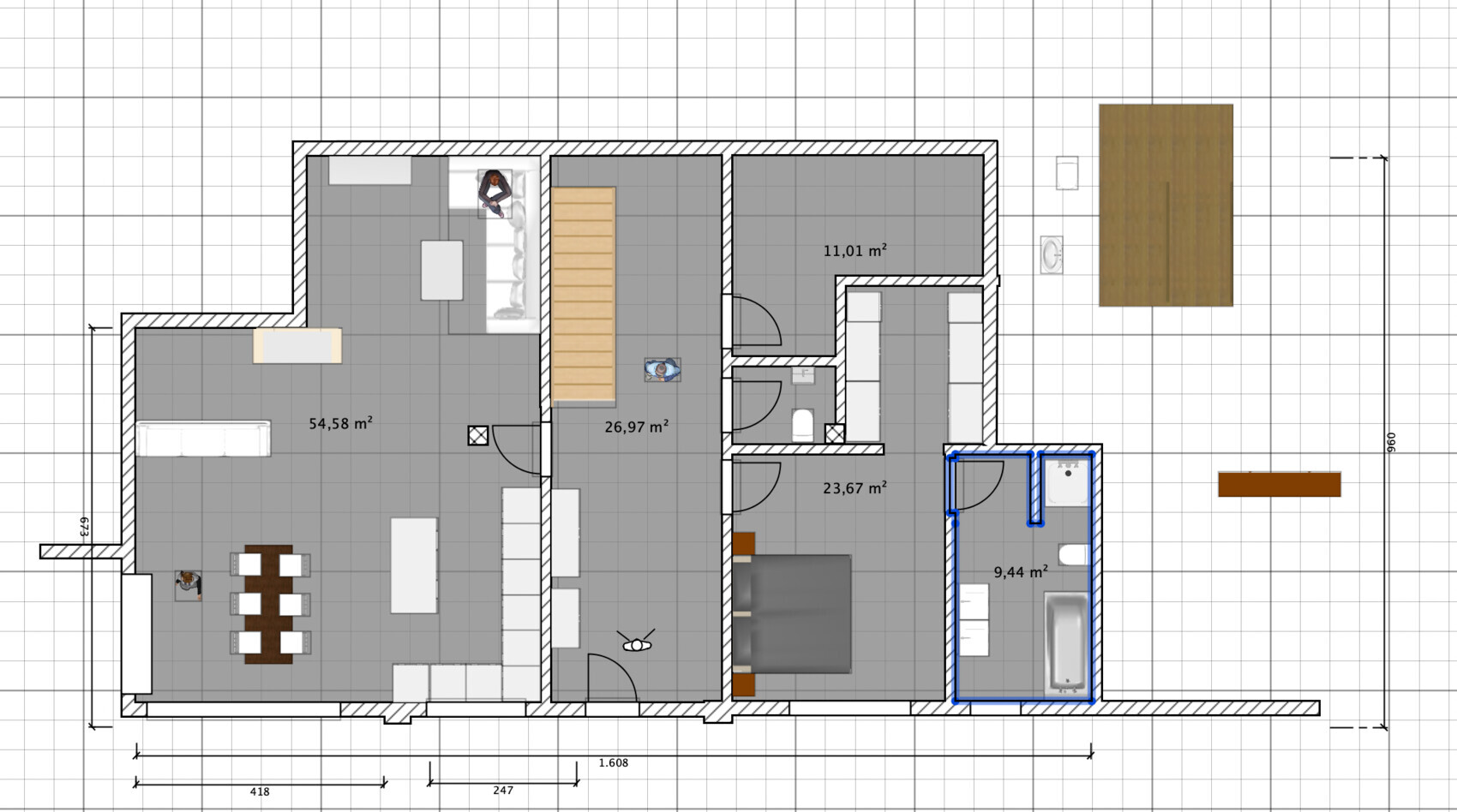 Grundriss: Offener Wohn-/Küchenbereich mit Essplatz, Treppe, Schlafzimmer, Bad und Außenbereich.