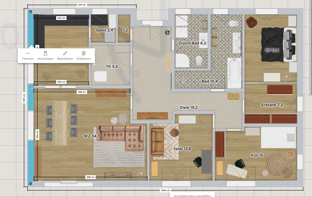 Grundriss einer Wohnung: Flur, Küche, Wohnzimmer, Bad, Schlafzimmer, Kinderzimmer.