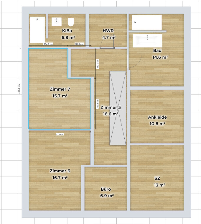 Grundriss eines Hauses: mehrere Zimmer, Bad, Ankleide, Büro; Flächenangaben vorhanden