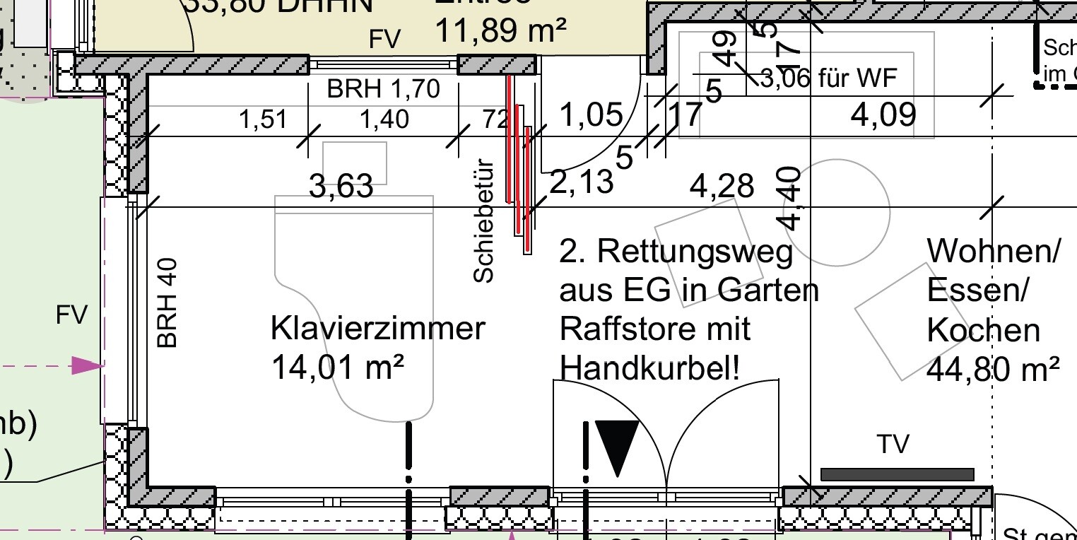 Grundriss eines Hauses: Klavierzimmer 14,01 m²; Wohnen/Essen/Kochen 44,80 m²; 2. Rettungsweg aus EG