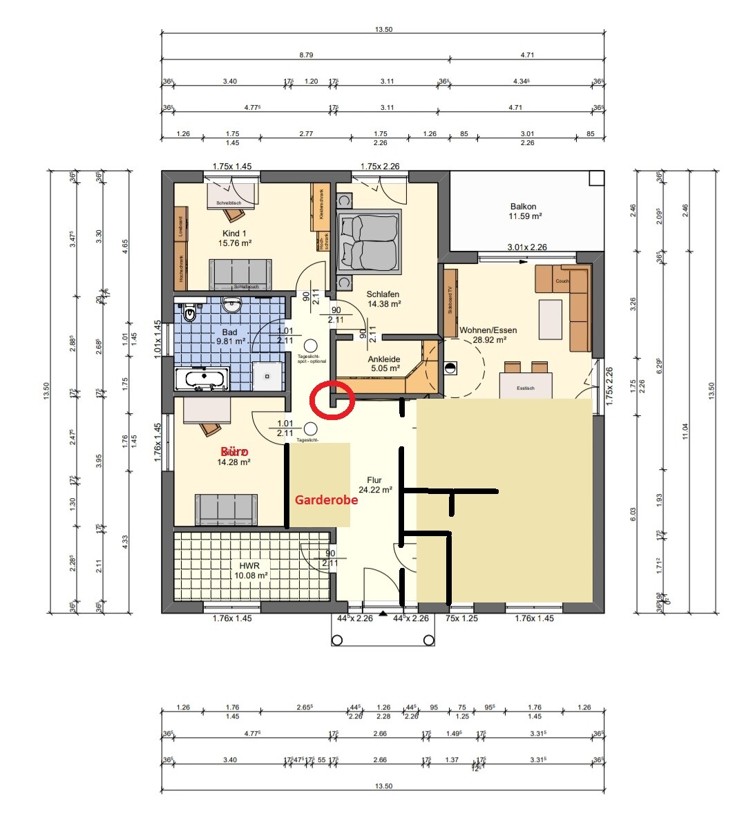 Grundriss eines Wohnhauses: Schlafzimmer, Kind 1, Büro, Flur, Garderobe, Bad, Wohnen/Essen, Balkon.
