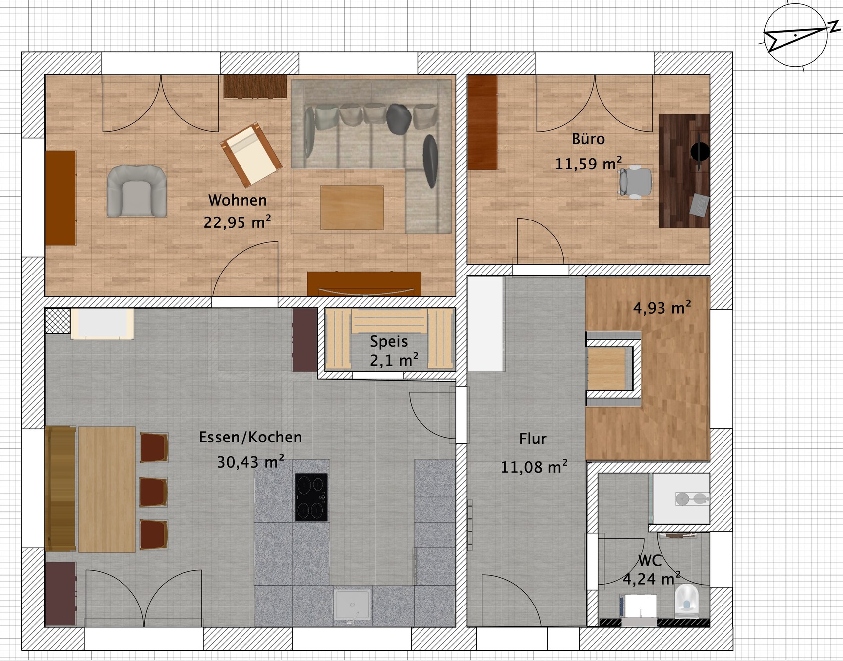 Detaillierter Grundriss eines Hauses mit Wohnbereich, Essbereich, Küche, Büro und Flur.