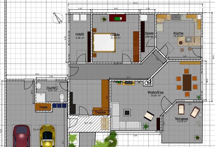 Grundriss eines Hauses: Wohn-/Essbereich, Küche, Gästezimmer, Terrasse, HWR, Speis, Du/WC, Treppe, Garage