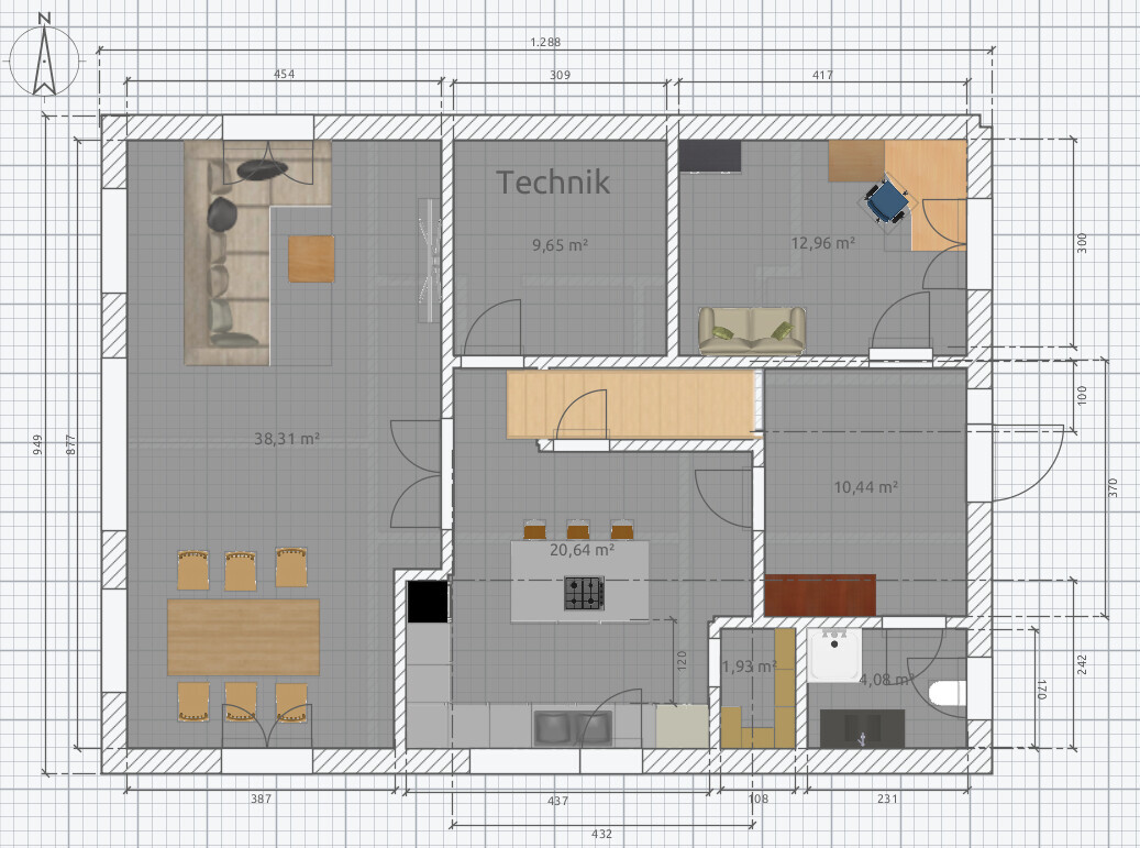 Grundriss eines Hauses: linker Wohn-/Essbereich, zentrale Küche, Technikraum, Büro, Bad.