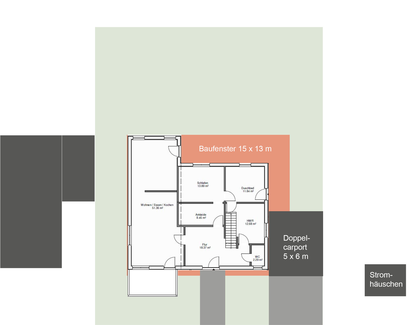Grundriss eines Hauses: Wohnbereich, Schlafen, Bad, Doppelcarport; Baufenster 15 x 13 m.