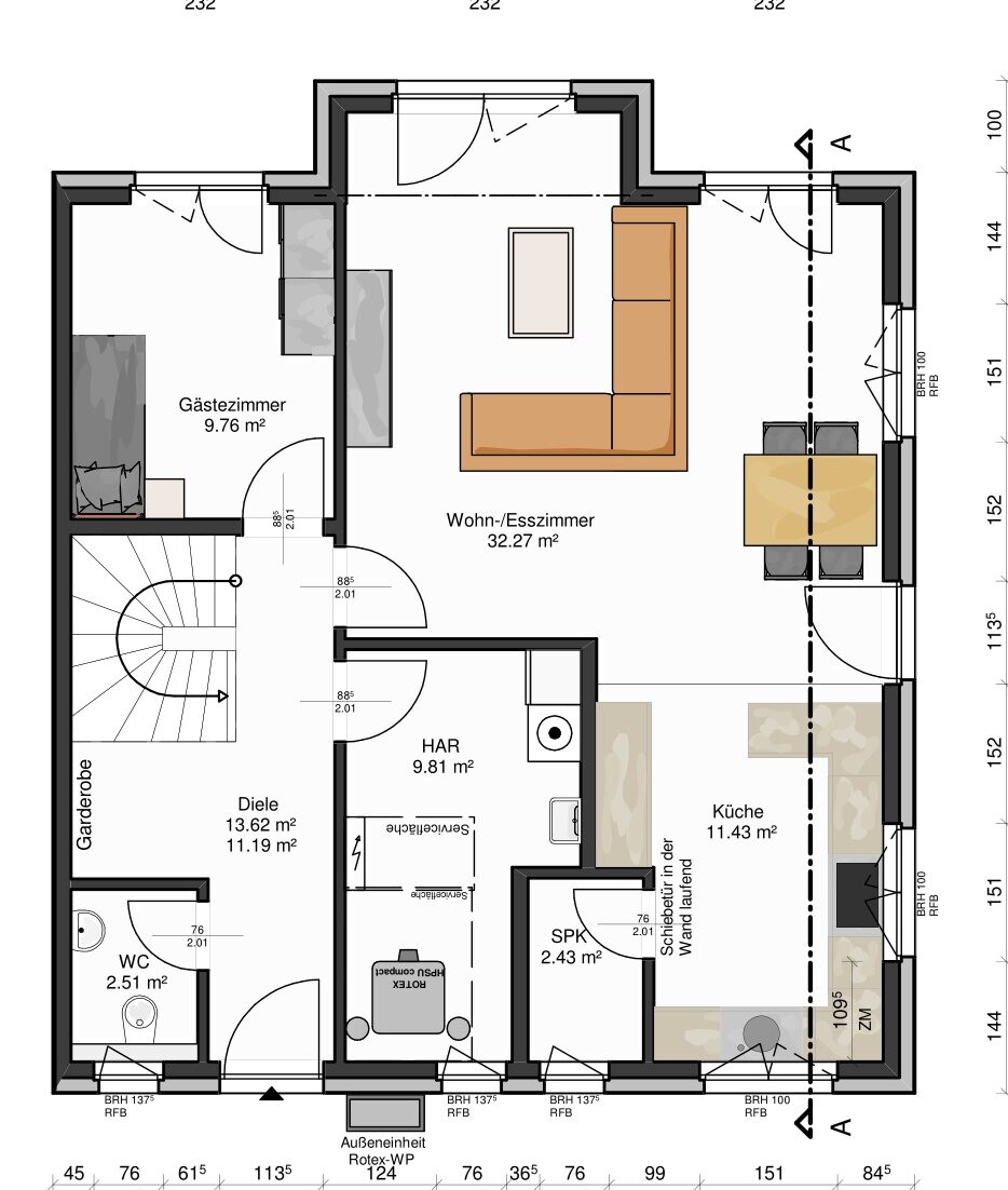 Wohn- und Esszimmer mit Ecksofa, Küche, Gästezimmer, Diele und WC (Grundriss).