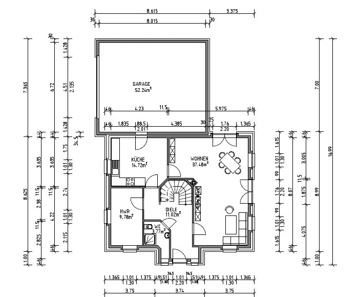 Grundriss eines Einfamilienhauses mit Garage, Küche und Wohnzimmer