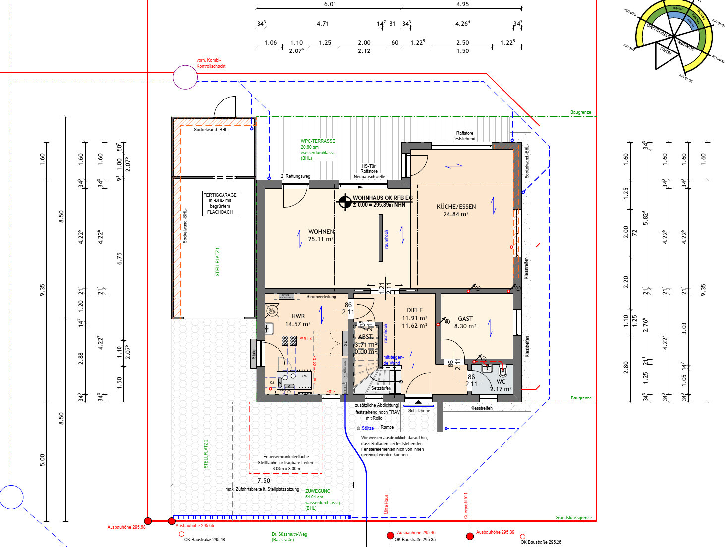 Detaillierter Hausgrundriss mit Wohnzimmer, Küche, Diele und Terrasse