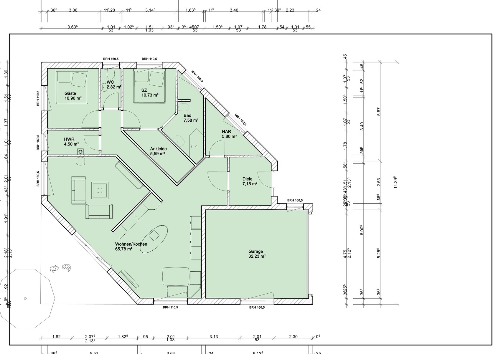Grundriss eines Hauses: großer Wohn-/Kochbereich, Schlafzimmer, Gästezimmer, Bad, Diele, Garage.
