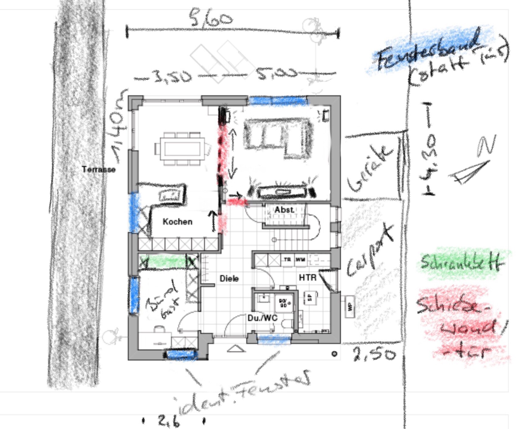 Handgezeichnete Hausgrundriss-Skizze mit Küche, Wohnzimmer, Diele und Terrasse.