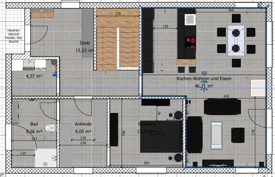 Grundriss eines Hauses mit Diele, Kochen/Wohnen/Essen, Schlafen, Bad, Ankleide, Abstellraum