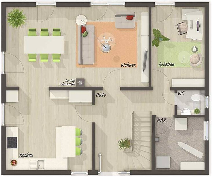 Offene Wohnung mit Küche, Essbereich, Wohnzimmer, Arbeitszimmer, Diele, WC, HAR und Treppe.